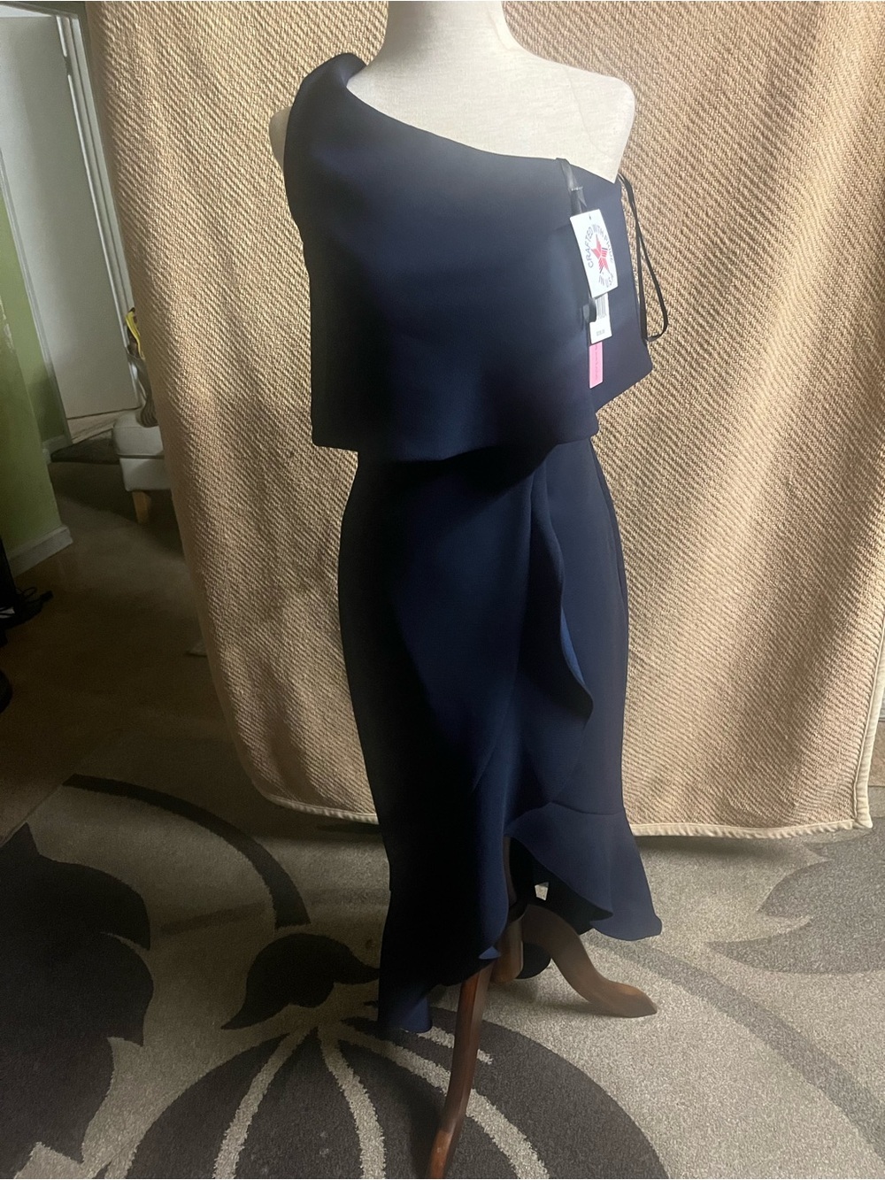 AQUA One-Shoulder Navy Ruffle Midi Dress